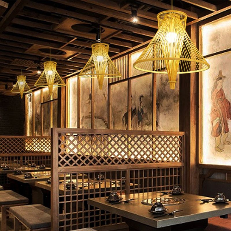 Colgante de suspensión de cono bambú retro 1 bulbo de madera kit de luz colgante para casa de huéspedes
