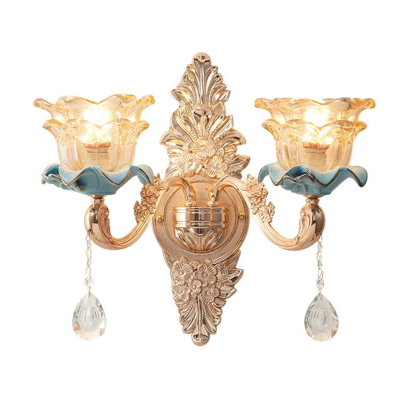 Bruin glazen bloemen ruches wandlamp barmonus vintage gang muur gemonteerde lamp met hangend kristal in goud