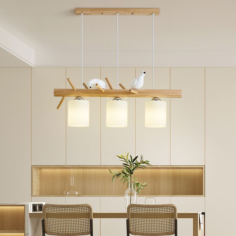 Modern Wood Pendant Light Cylinder Shape Island Light with Glass Shade for Bedroom