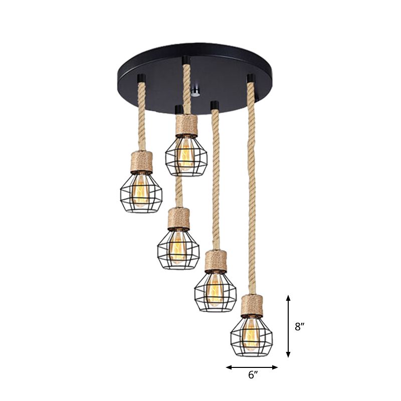 Metal Globe Cage Ceiling Lighting with Adjustable Rope Lodge 3/5 Heads Indoor Hanging Light in Black