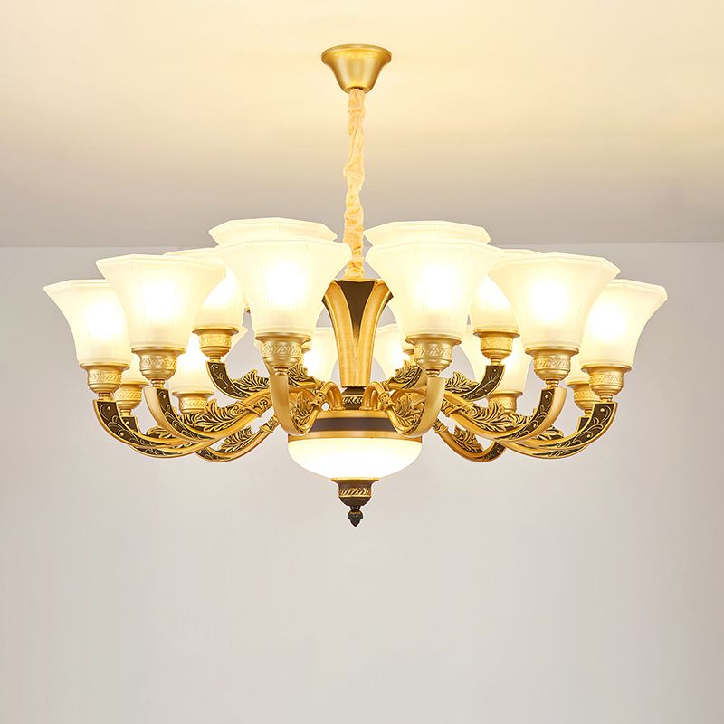 Retro Style Flared Suspension Light Cream Frosted Glass Chandelier Light for Living Room