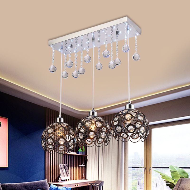 Crystal Embedded Global Suspension Lamp Minimal 3 Heads Multi Pendant Light Fixture in Black