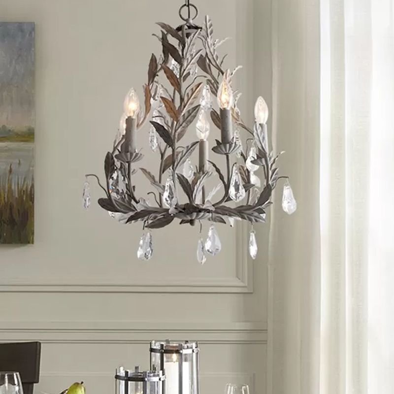 Branch Chandelier Lamp Nordic Metal 5 Heads Grey/White Pendant Lighting Fixture with Crystal Teardrop