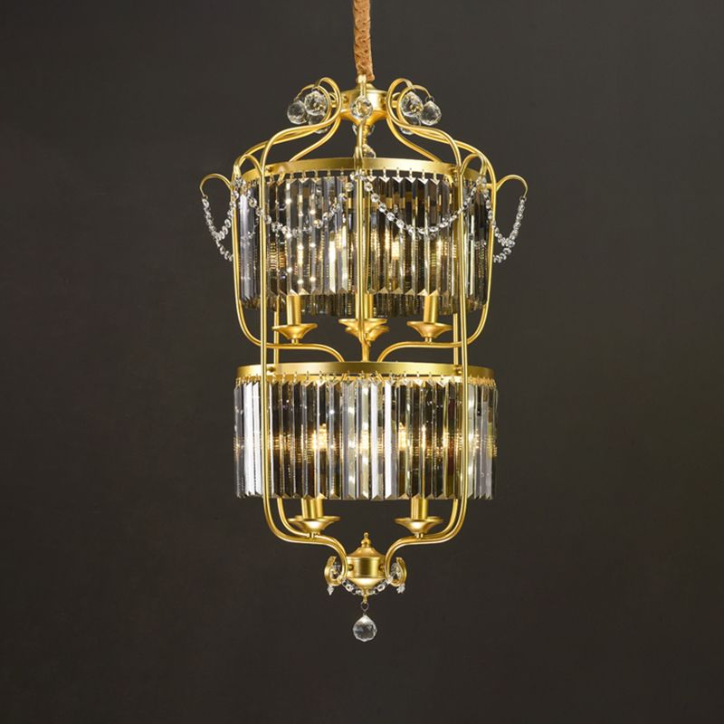 Candle Ceiling Chandelier Retro Prismatic Crystal Hanging Lamp with Scroll Frame