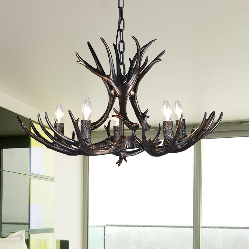 3/5/6 Heads Resin Chandelier Vintage Style Black Candelabra Living Room Pendant Light with Adjustable Chain
