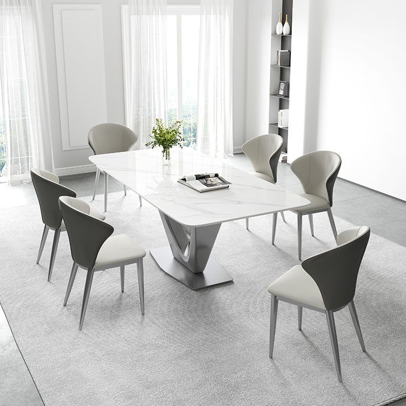 Grey Metal Pedestal Base Table Rectangle Sintered Stone Top Dining Table