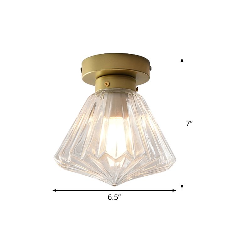 1-Light Bedroom Flush Mount Light Post Modern Brass Flush Lamp with Diamond Clear Prismatic Glass Shade