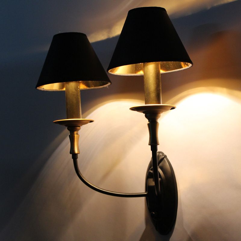 Tapered Living Room Wall Light Sconce Vintage Style Fabric 1/2 Lights Black Wall Mount Lighting with Swooping Arm