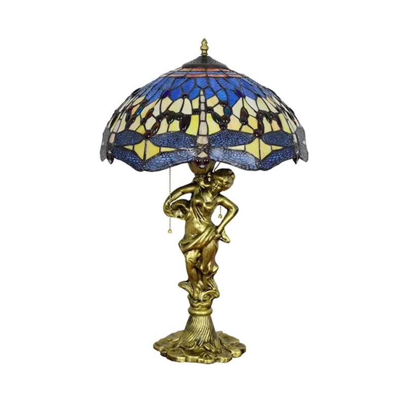 Dragonfly Cabochons Embedded Table Light 3-Light Yellow/Orange/Blue Glass Tiffany Nightstand Lamp with Pull Chain