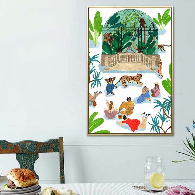 Green Figures and Tiger Painting Textured Nordic Style Dining Room Wall Art Decor