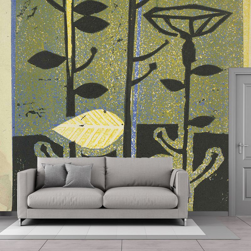 Art Deco Flowers Painting Murals Yellow-Brown Bedroom Wall Decoration, Custom-Print