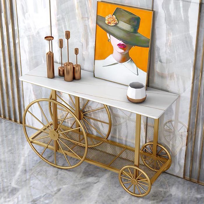 Contemporary Iron Console Sofa Table Rectangle Marble Accent Table with Shelf for Hall