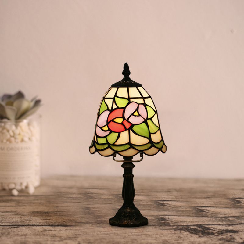 Stained Glass White/Red Night Light Conical/Flared 1-Head Mediterranean Table Lighting with Floral Pattern