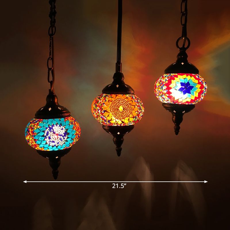 Traditional Oval Cluster Pendant Light 3 Heads Hand Cut Glass Hanging Light in Red/Yellow/Orange
