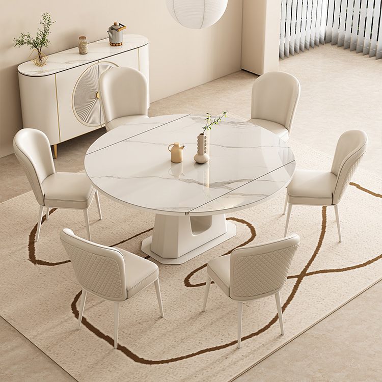 White Modern Extendable Stone Dining Table with Double Drop Leaf