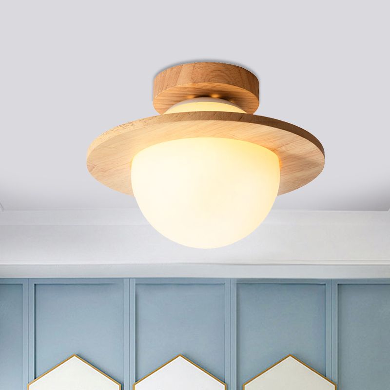 Small Sphere Corridor Ceiling Fixture Opal Frosted Glass Single Simple Semi Flush Mounted Lamp with Wood Banding Belt