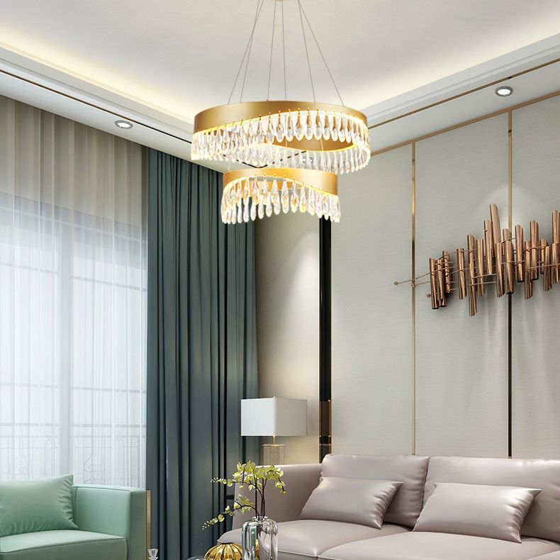Adjustable Hanging Cord Chandelier Light Modern Round Crystal Ceiling Pendant for Restaurant