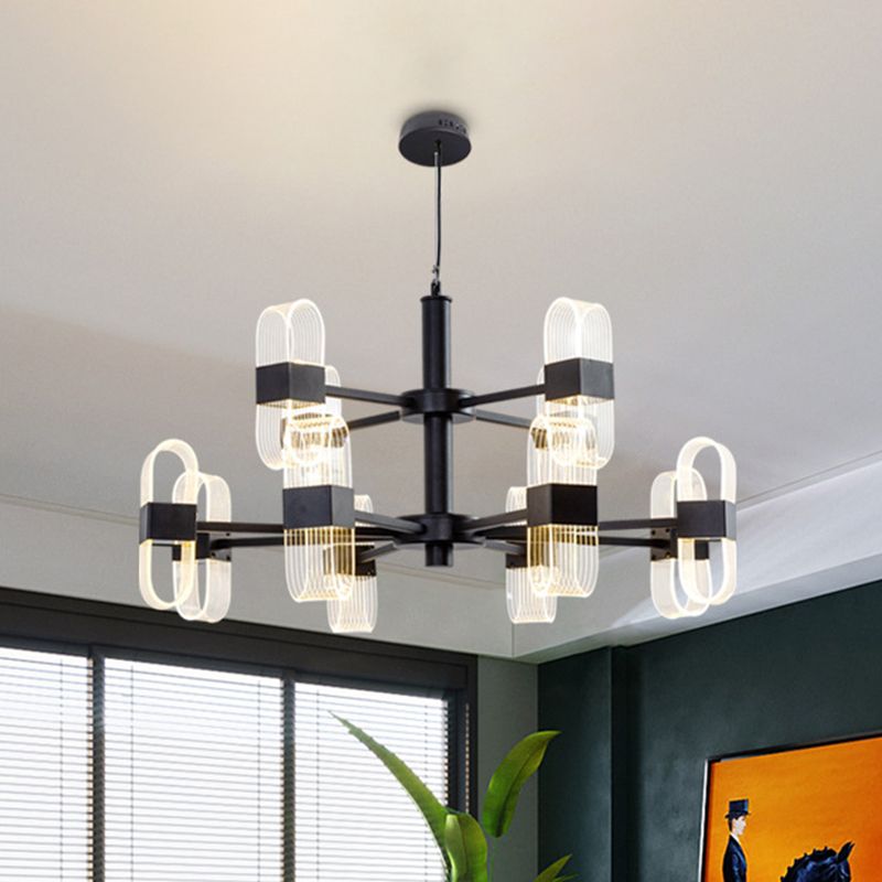 Modern Oval Chandelier Light Acrylic 6/8/12 Heads Living Room Hanging Lamp with Black Rod in Warm/White Light