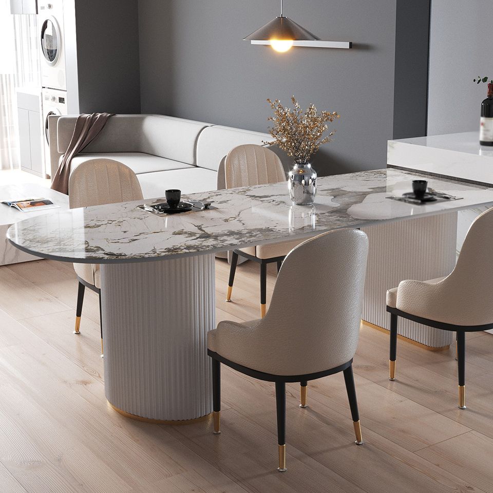 Eigentijdse thuis gesinterde stenen eettafel vrijformaat vormtafel met dubbele voetstukbasis