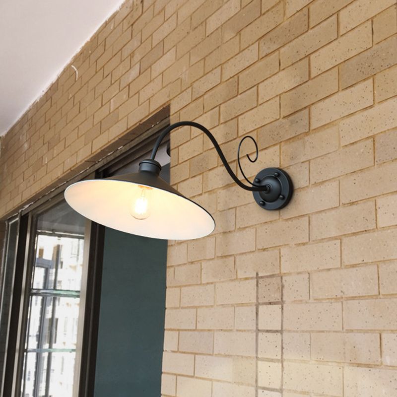Antiqued Flared Wall Light Fixture 1-Light Metal Sconce Lamp in Black/Black and White with Curved Arm for Outdoor