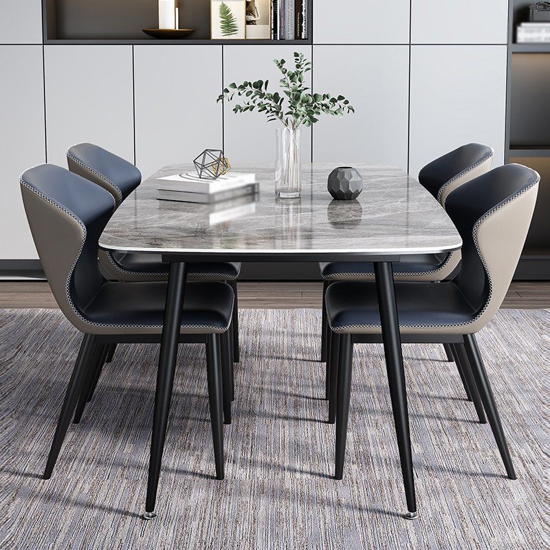 Stone Top Dining Table Modern Rectangle Dining Table with Black Base