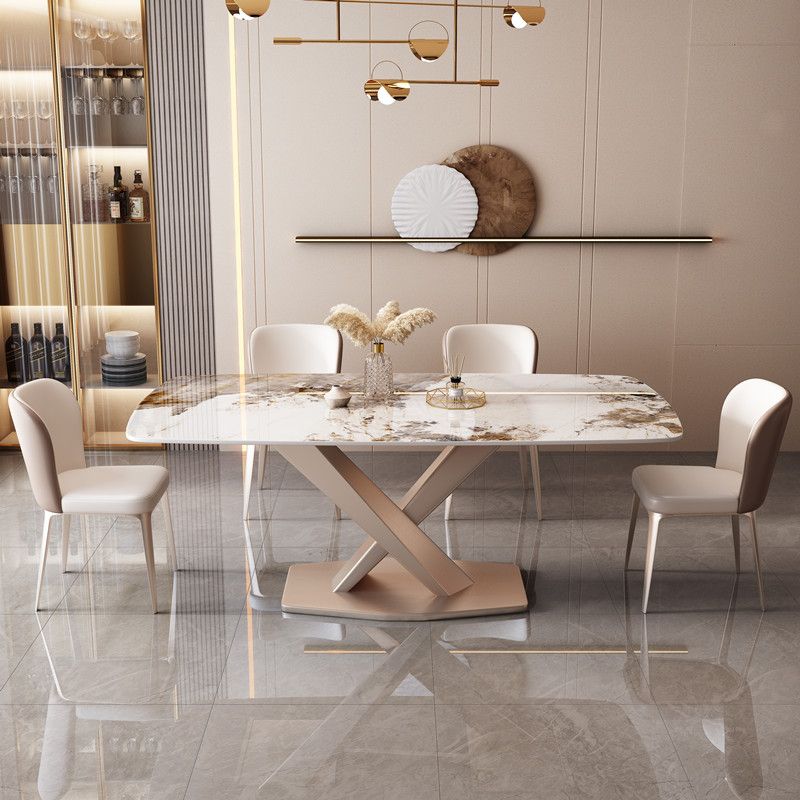 Mesa de comedor rectangular de estilo moderno de metal, mesa superior de piedra sinterizada para comedor