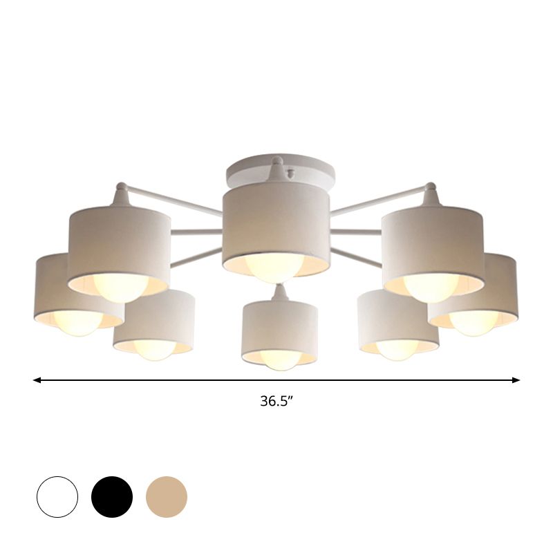 Fabric Sputnik Hanging Ceiling Light Minimalist 8 Lights Black/White/Flaxen Pendant Chandelier for Living Room