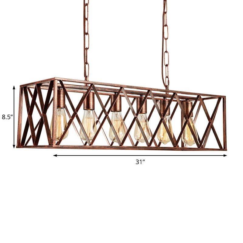 Metal Cross Framed Box Island Pendant Light Industrial 6 Light Dining Room Hanging Lamp in Weathered Copper