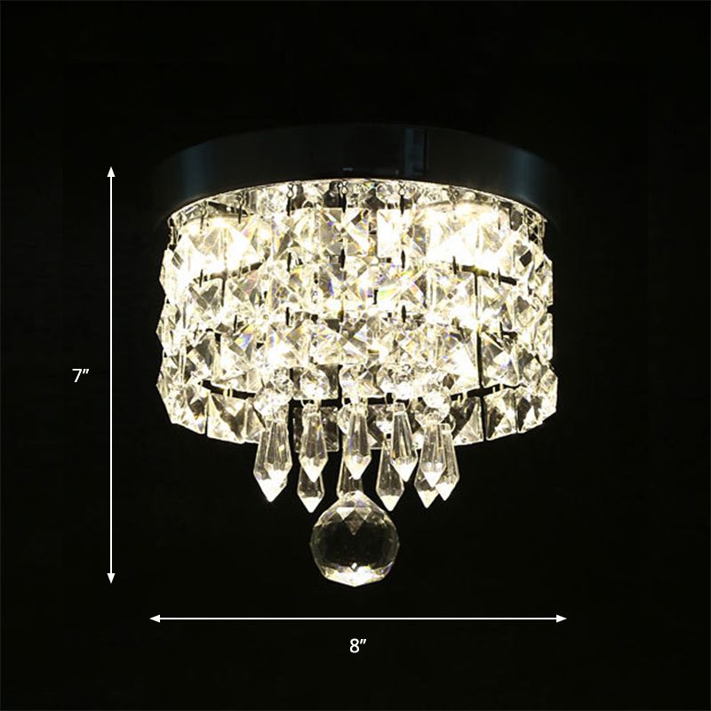 Drum Layered Flush Mount Light Crystal Glam Ceiling Light Fixture in Chrome