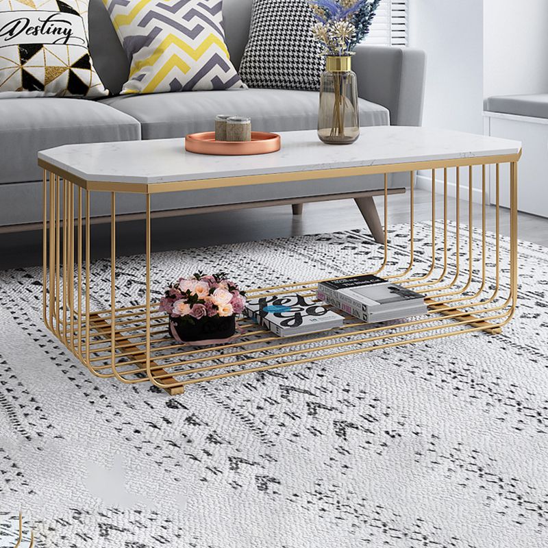 Contemporary Glass & Marble Coffee Table Octagon 1 Single Cocktail Table with Shelf