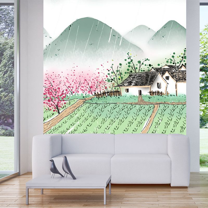 Rural Scenery Farmland Murals Pink-Green Moisture Resistant Wall Art for Living Room