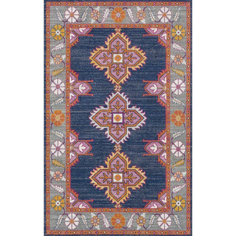Persian Home Rug Multi Color Symmetric Print Carpet Polyester Anti-Slip Backing Machine Washable Stain Resistant Rug