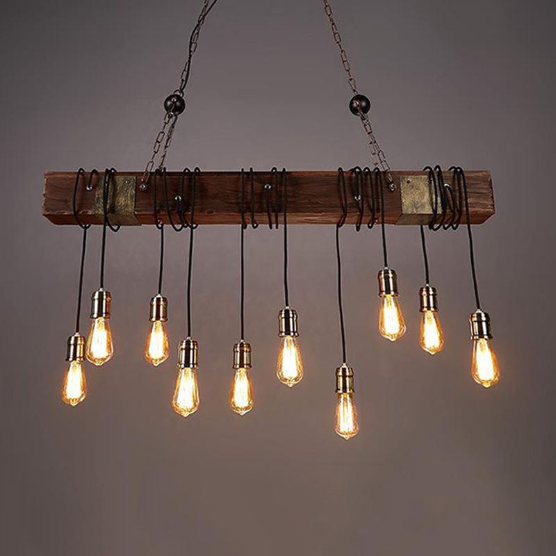 Linear Shape Pendant Light Modern Style Wood 10 Lights Hanging Lamp in Brown