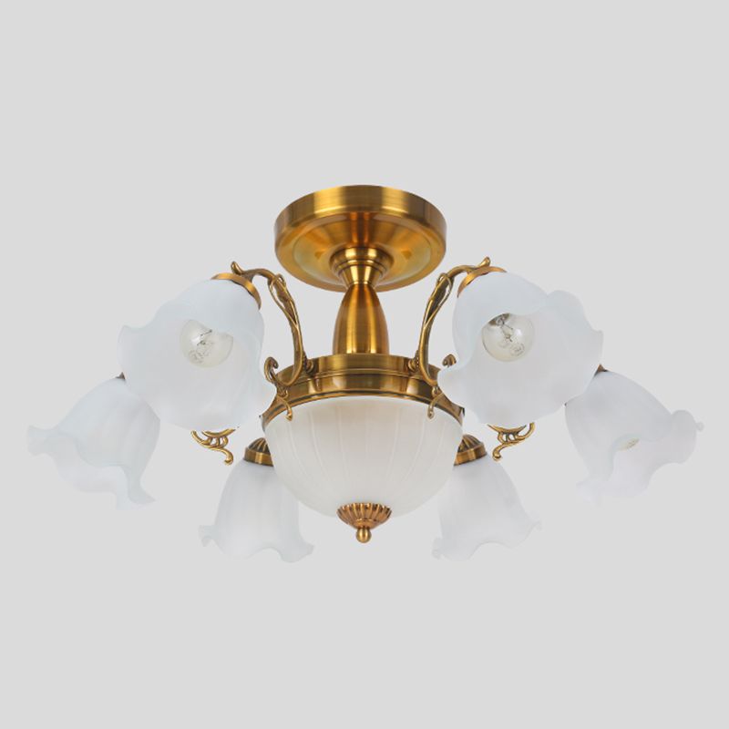Traditional Metal Semi Flush Lamp Bedroom Ceiling Lighting with Flower Glass Shade