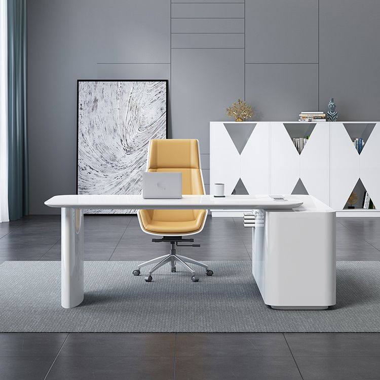 Contemporary White Executive Desk Cabinet L-Shape Office Desk Pedestal