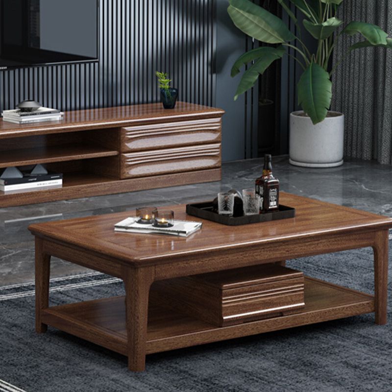 Solid Wood Coffee Table with Storage Drawers and 4 Legs Brown