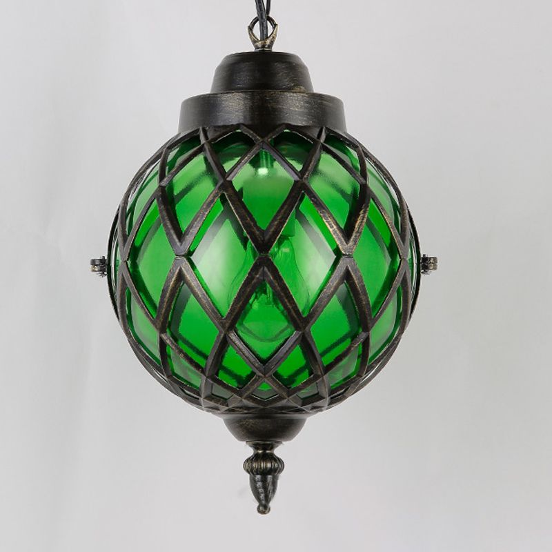 1 Light Restaurant Pendant Lighting Moroccan Black Ceiling Light with Globe Amber/Green/Purple Glass Shade