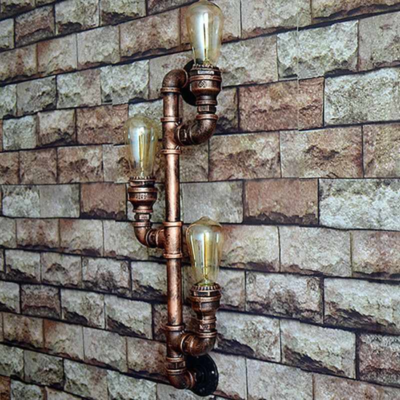 Metal Water Pipe Wall Lighting Industrial Style 3 Lights Wall Mounted Light Fixture in Brown