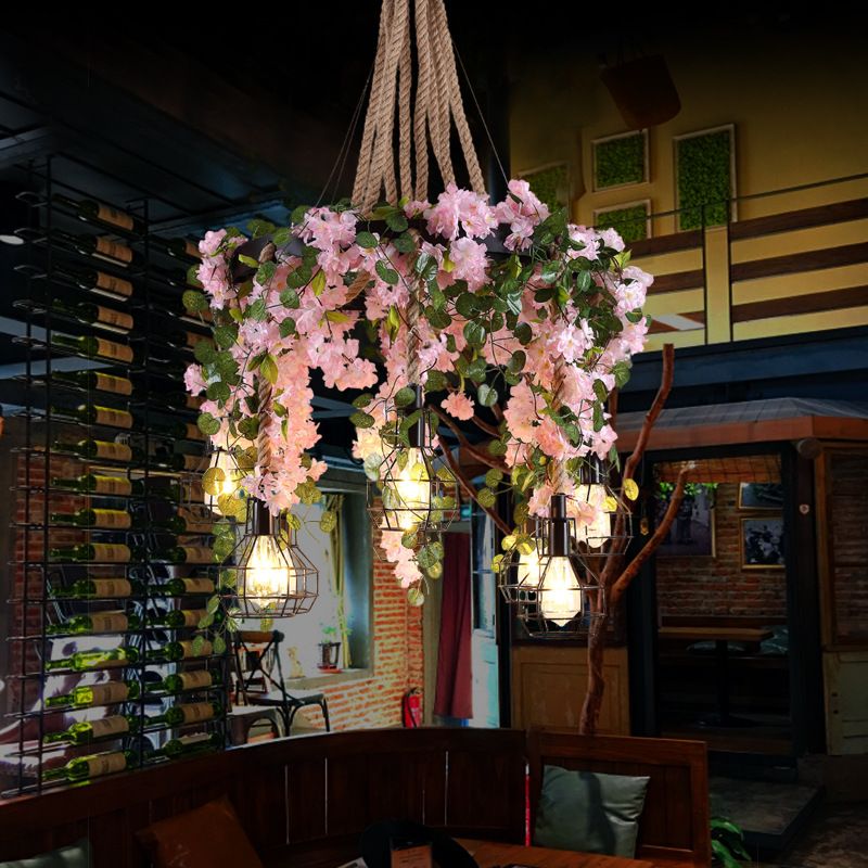 Industrial Bulb Cluster Pendant Light 8 Bulbs Hemp Rope LED Flower Hanging Lamp Kit in Black