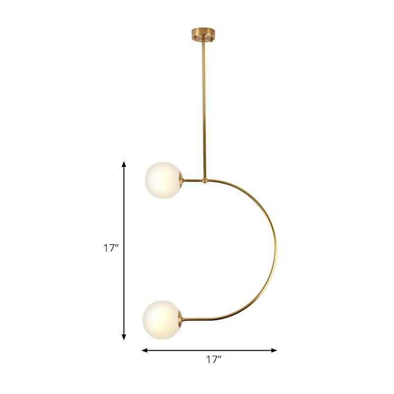 Luz de colgante colgante en forma de metal C con tono de pelota de vidrio de leche Modern 2 luces suspendidas Lámpara en oro