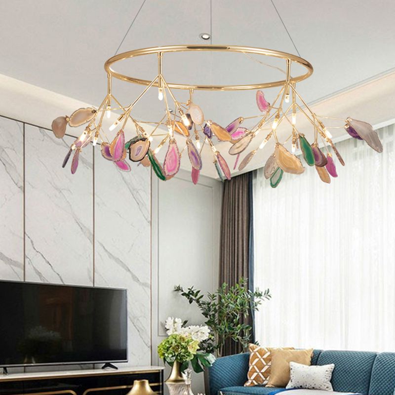 Leaf Agate Pendant Chandelier Modernist LED Gold Hanging Light Fixture for Living Room