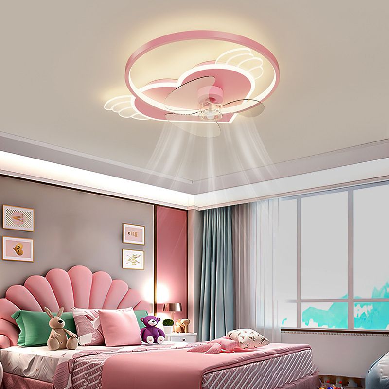 Corazón rosa y anillo Ventilador de techo Cartoon LED Metal Semi Flush Lighting para niños Rala