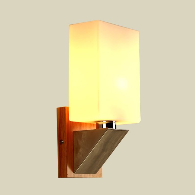 Cuboid Sconce Lighting Modernist White Frosted Glass 1 Head Wood Wall Lamp with Triangle Metal Base