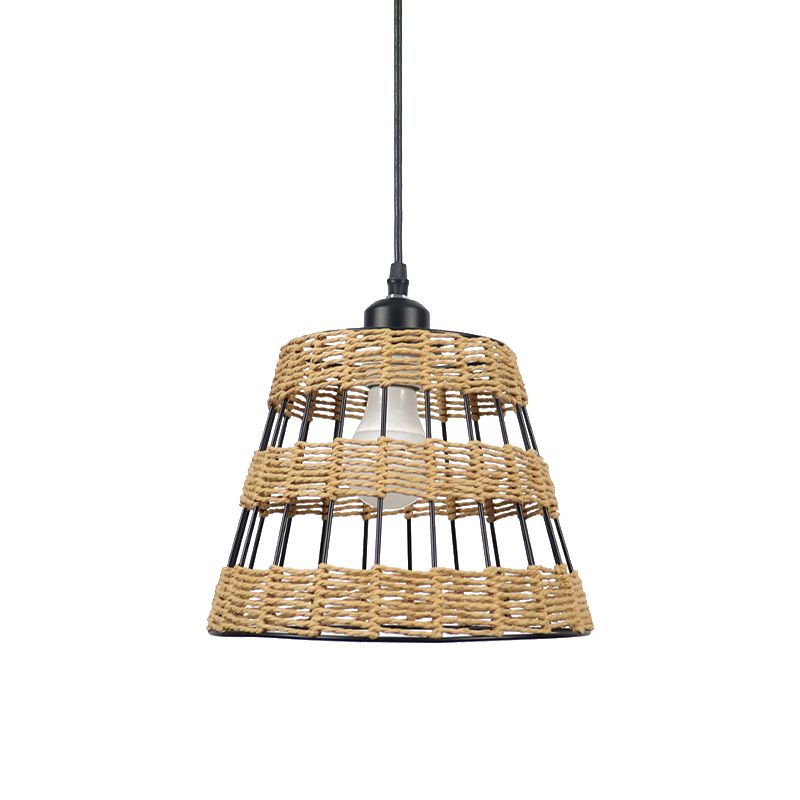 Asian Style Cone Hanging Light Fixture Metal and Rattan 1/3-Head Restaurant Pendant Lamp in Beige