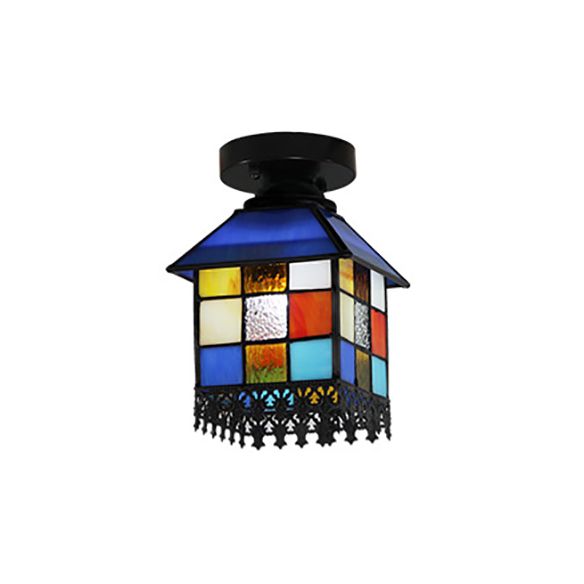 1 Head House Flush Verlichting Rustiek Lodge Style Glas Flush Mount Lamp in Black/Blue/Brass/Clear/Blue-Clear voor Foyer