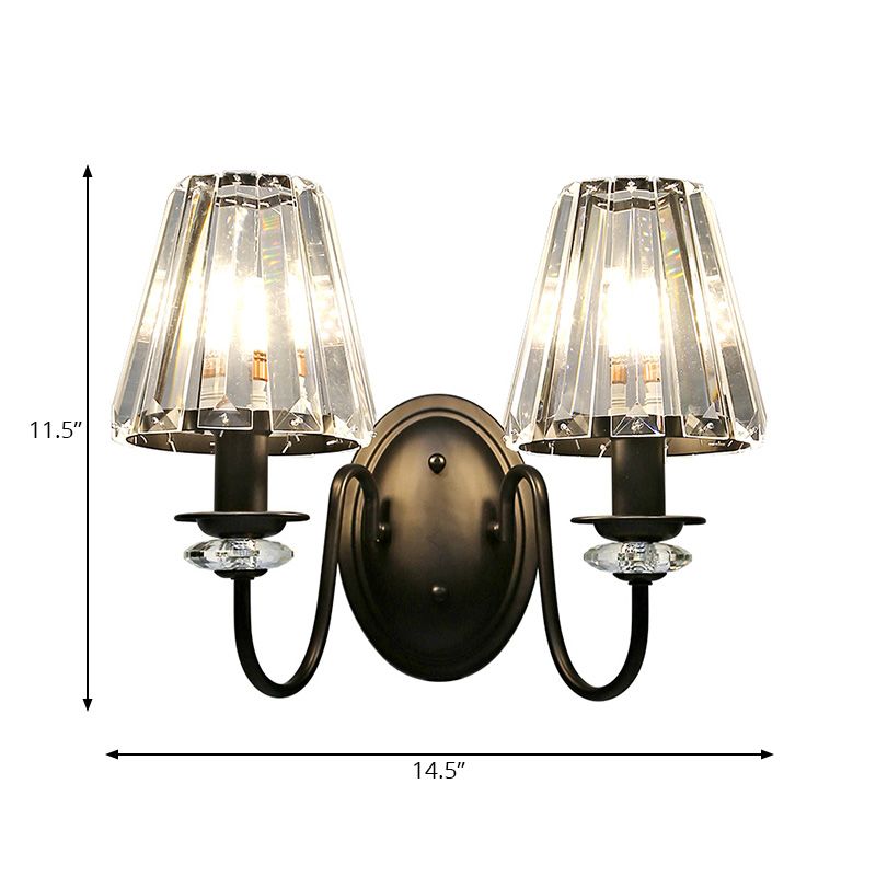 Lampada con pala prisma di cristallo chiaro modernista 2 luci nere finitura da parete con ombra cono e braccio a collo di allevamento
