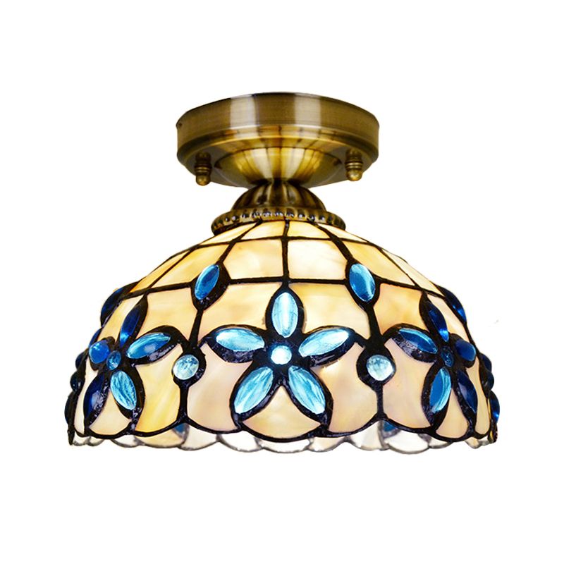 Dôme en laiton près du plafonnier Tiffany 5"/8"/12" de large, éclairage encastré à 1 tête avec bijoux floraux bleus