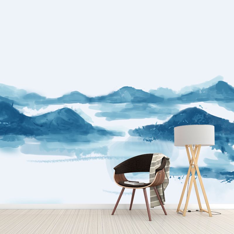 Chinese Smoggy Mountain Mural Non-Woven Moisture Resistant Light Blue Wall Covering for Bedroom
