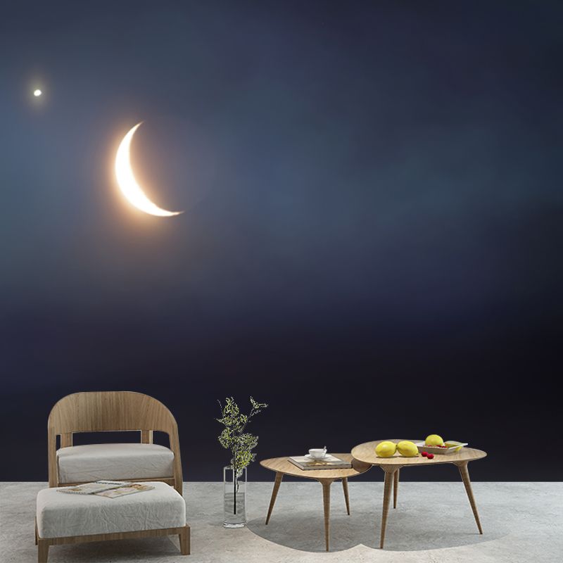 Shiny Night Sky Crescent Mural Wallpaper for Bedroom, Blue-Yellow, Made to Measure