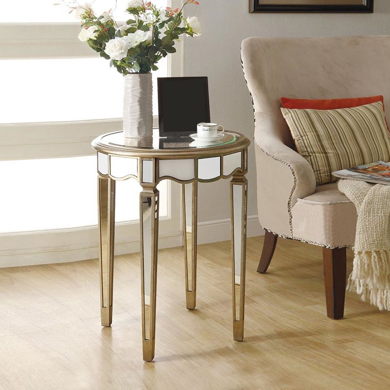 Round Glass Top Side End Table Modernistic Solid Wood 4 Legs End Table